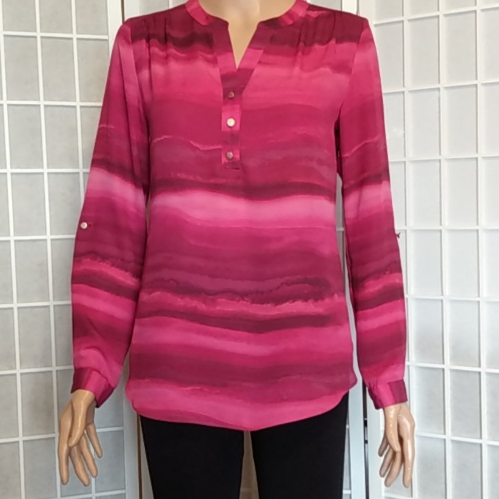 Investments Petites Pink Purple‎ Watercolor Stripe Roll Tab Sleeve Blouse PS